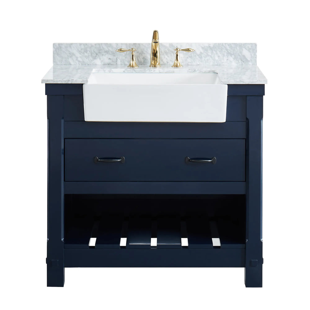 Farmington navy blue 36" Open Shelf Vanity Set with Premium Carrara Marble Top