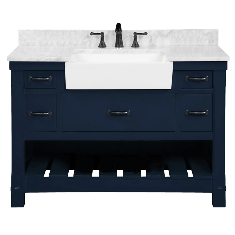 Farmington navy blue 48" Open Shelf Vanity Set with Premium Carrara Marble Top