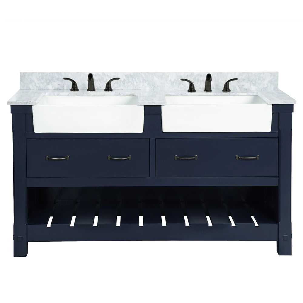 Farmington navy blue 60" Open Shelf Vanity Set with Premium Carrara Marble Top
