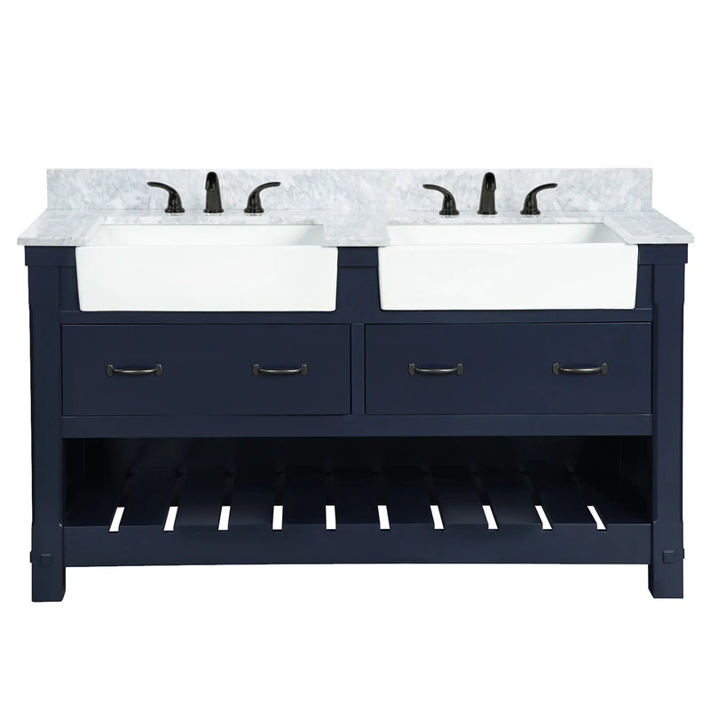Farmington navy blue 60" Open Shelf Vanity Set with Premium Carrara Marble Top