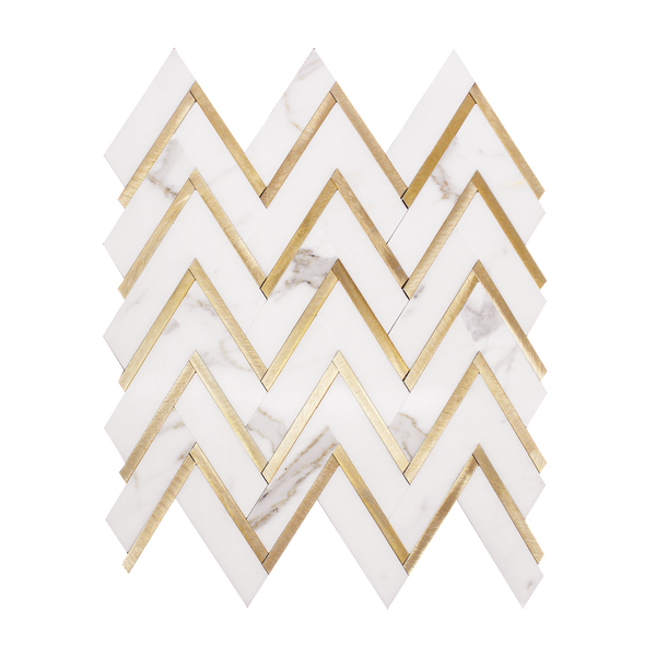 Zigzag Calacatta White with Gold Metal 13-in x 11-in Waterjet Mosaic Floor and Wall Tile(1-sq. ft/ Piece)