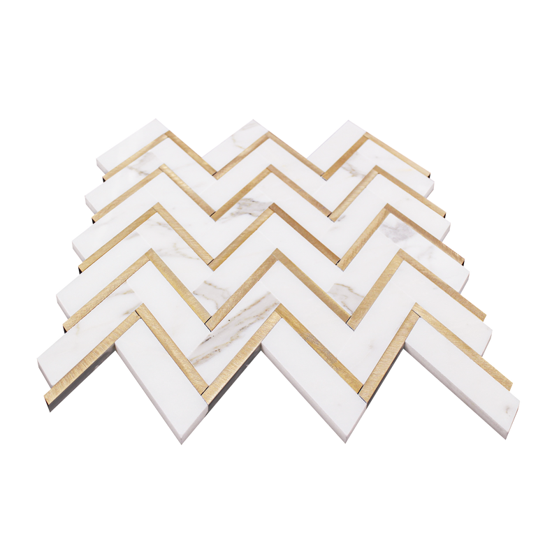 Zigzag Calacatta White with Gold Metal 13-in x 11-in Waterjet Mosaic Wall Tile ( 5 sq. ft. /Box )