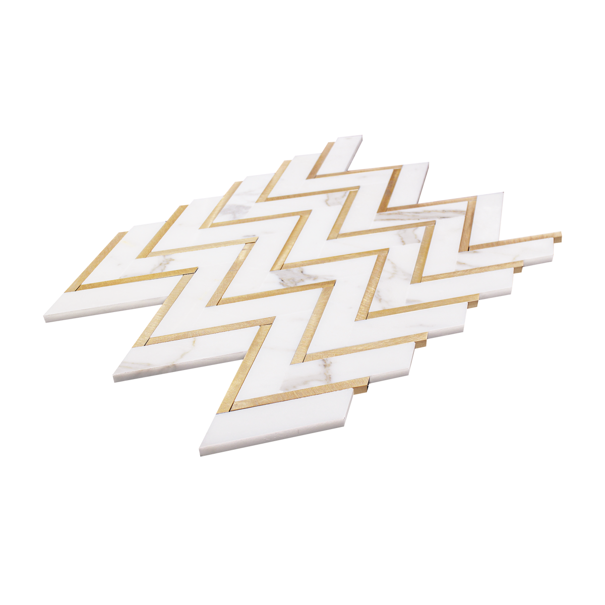 Zigzag Calacatta White with Gold Metal 13-in x 11-in Waterjet Mosaic Wall Tile ( 5 sq. ft. /Box )