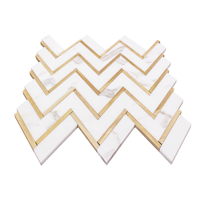 Zigzag Calacatta White with Gold Metal 13-in x 11-in Waterjet Mosaic Wall Tile ( 5 sq. ft. /Box )