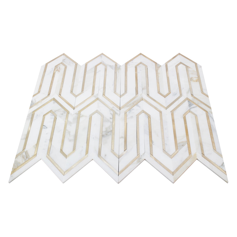 Arrows-Calacatta Gold with Gold Metal Accents 12-in x 9-in Polished Waterjet Mosaic Wall Tile( 3.55 sq. ft. /Box )