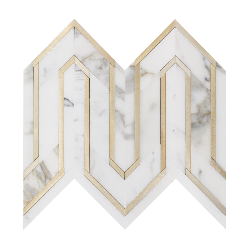 Arrows-Calacatta Gold with Gold Metal Accents 12-in x 9-in Polished Waterjet Mosaic Wall Tile( 3.55 sq. ft. /Box )