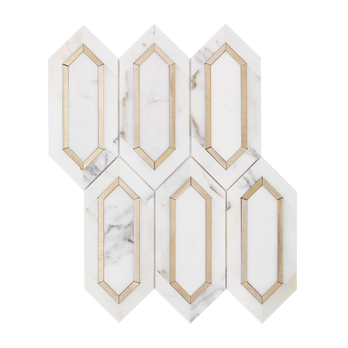 Calacatta Gold with Metal Elongated Hexagon 12-in x 14-in Waterjet Mosaic Wall Tile( 8.85 sq. ft. /Box )