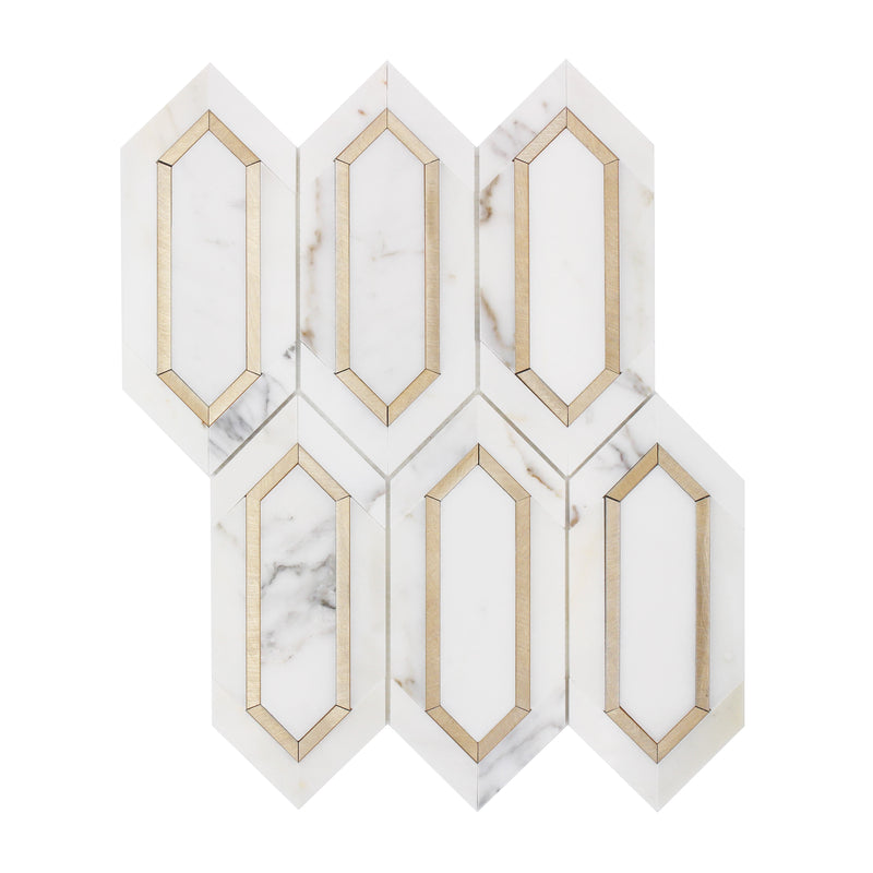 Calacatta Gold with Metal Elongated Hexagon 12-in x 14-in Waterjet Mosaic Wall Tile( 8.85 sq. ft. /Box )