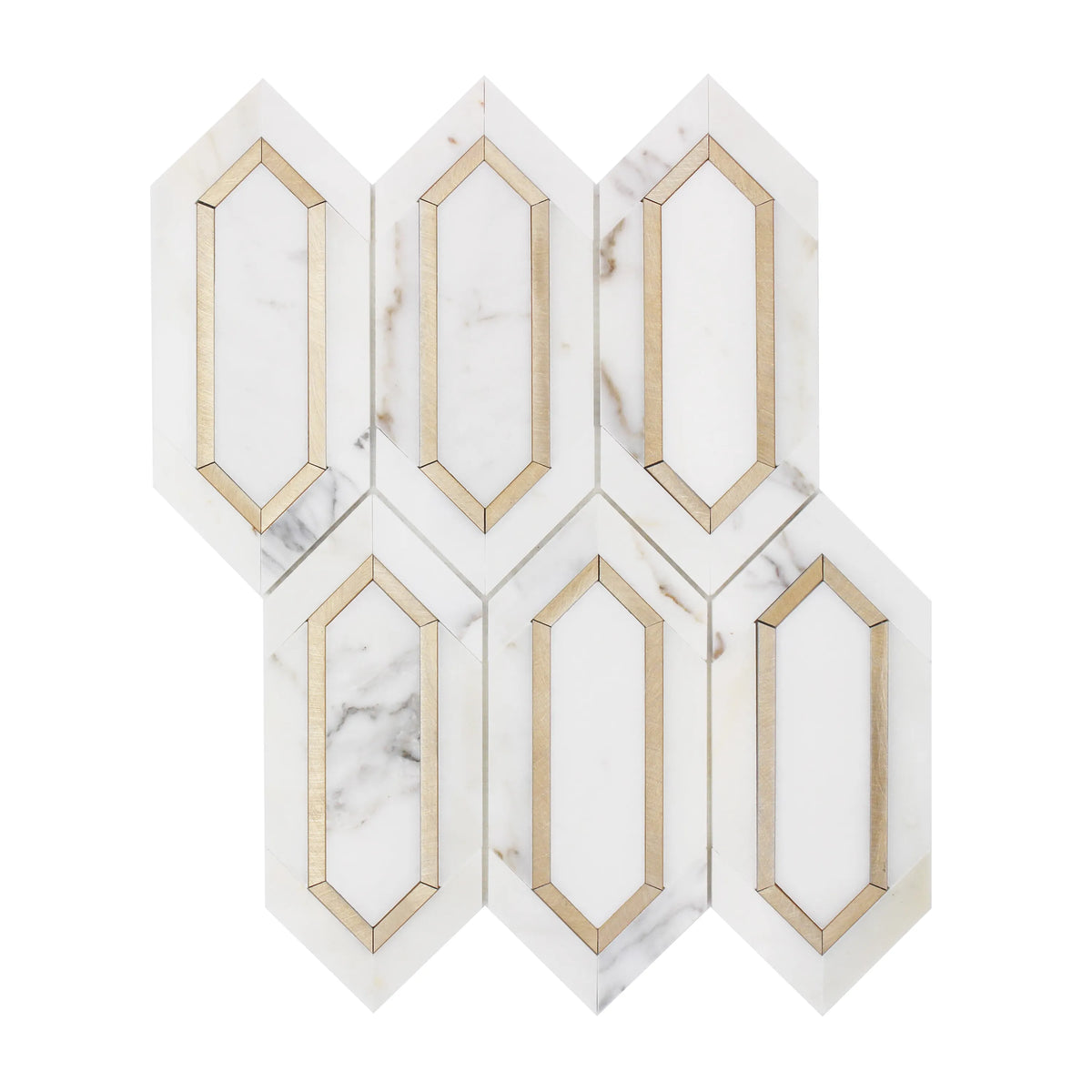 Calacatta Gold with Metal Elongated Hexagon 12-in x 14-in Waterjet Mosaic Wall Tile( 5.72 sq. ft. /Box )