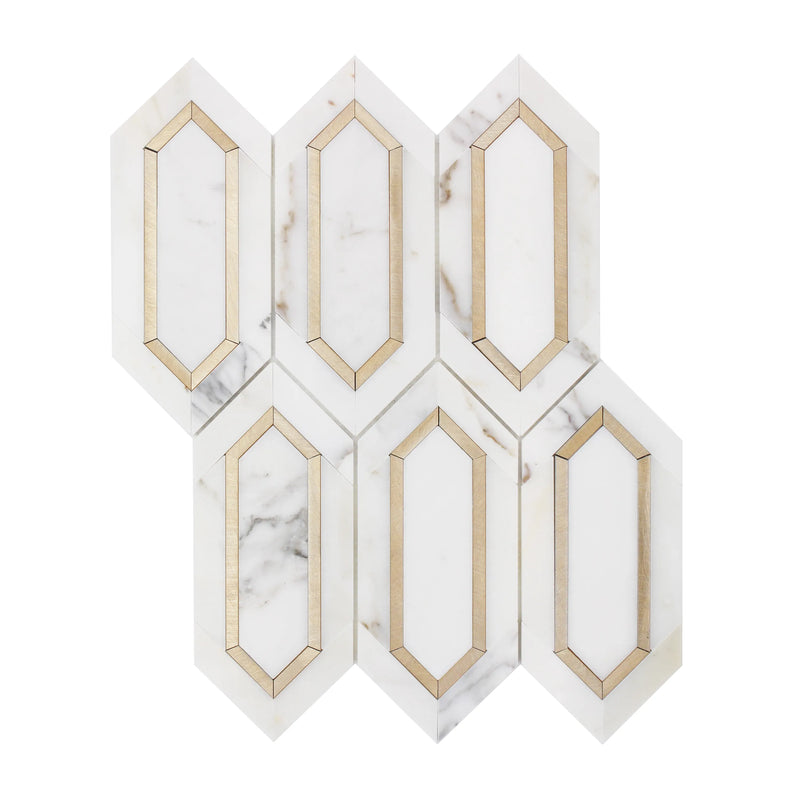 Calacatta Gold with Metal Elongated Hexagon 12-in x 14-in Waterjet Mosaic Wall Tile( 5.72 sq. ft. /Box )