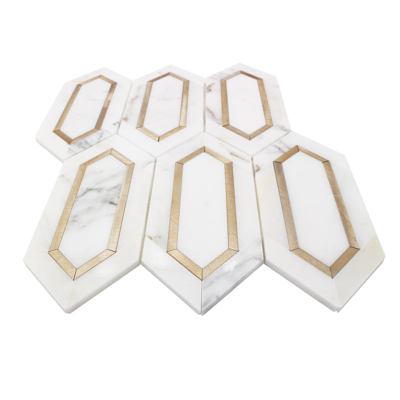 Calacatta Gold with Metal Elongated Hexagon 12-in x 14-in Waterjet Mosaic Wall Tile( 8.85 sq. ft. /Box )