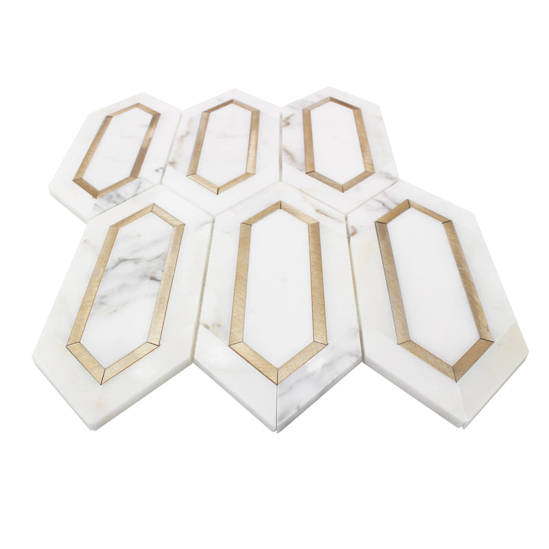 Calacatta Gold with Metal Elongated Hexagon 12-in x 14-in Waterjet Mosaic Wall Tile( 5.72 sq. ft. /Box )