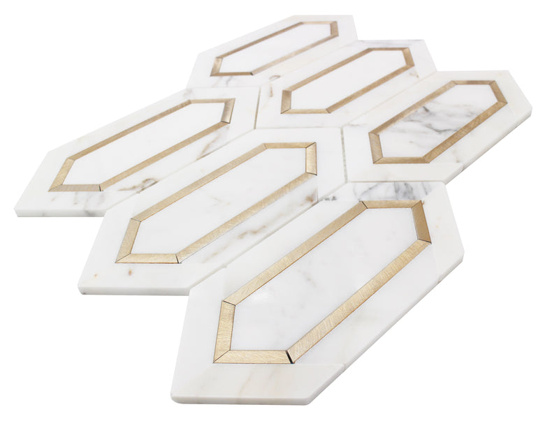 Calacatta Gold with Metal Elongated Hexagon 12-in x 14-in Waterjet Mosaic Wall Tile( 8.85 sq. ft. /Box )