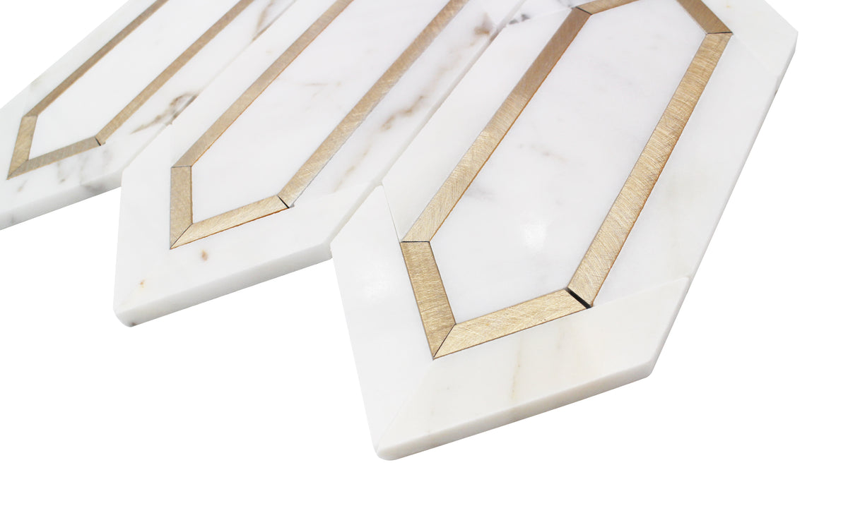 Calacatta Gold with Metal Elongated Hexagon 12-in x 14-in Waterjet Mosaic Wall Tile( 8.85 sq. ft. /Box )