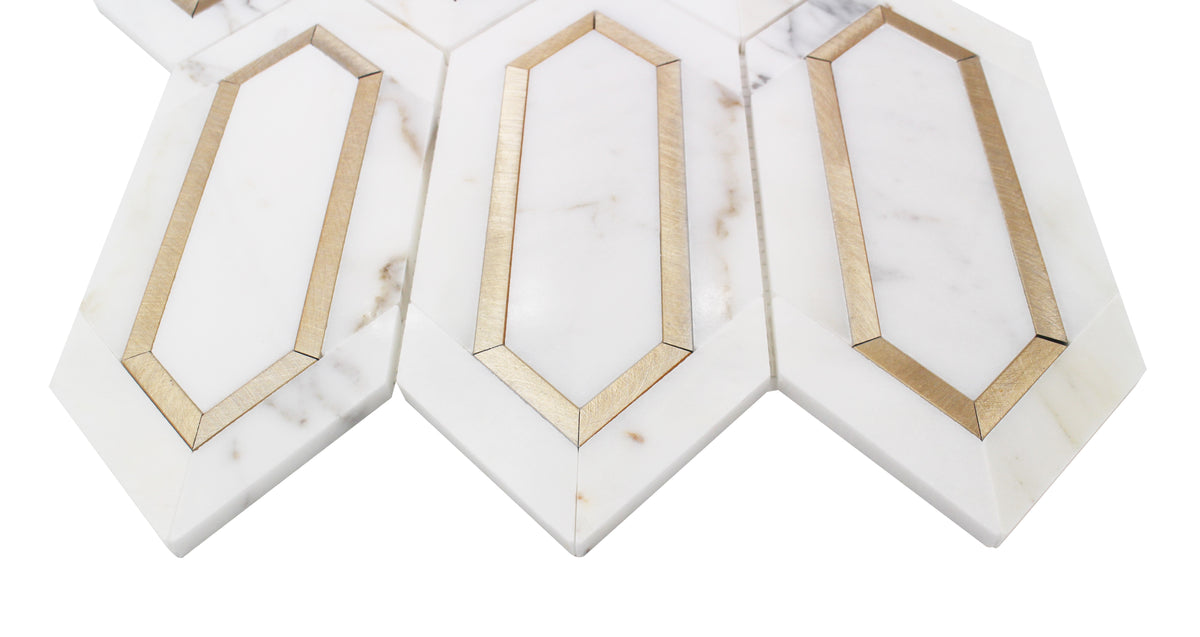 Calacatta Gold with Metal Elongated Hexagon 12-in x 14-in Waterjet Mosaic Wall Tile( 8.85 sq. ft. /Box )