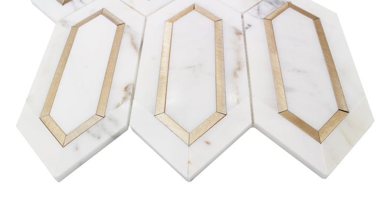 Calacatta Gold with Metal Elongated Hexagon 12-in x 14-in Waterjet Mosaic Wall Tile( 8.85 sq. ft. /Box )
