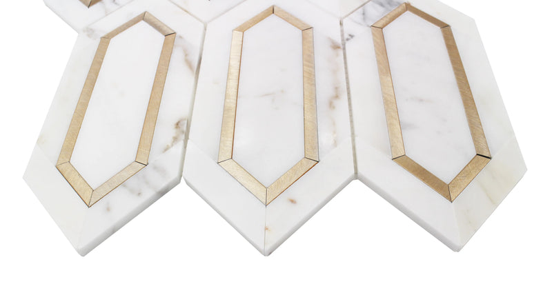 Calacatta Gold with Metal Elongated Hexagon 12-in x 14-in Waterjet Mosaic Wall Tile( 5.72 sq. ft. /Box )