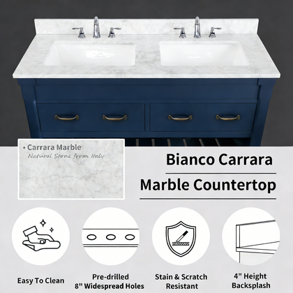 Farmington navy blue 60" Open Shelf Vanity Set with Premium Carrara Marble Top