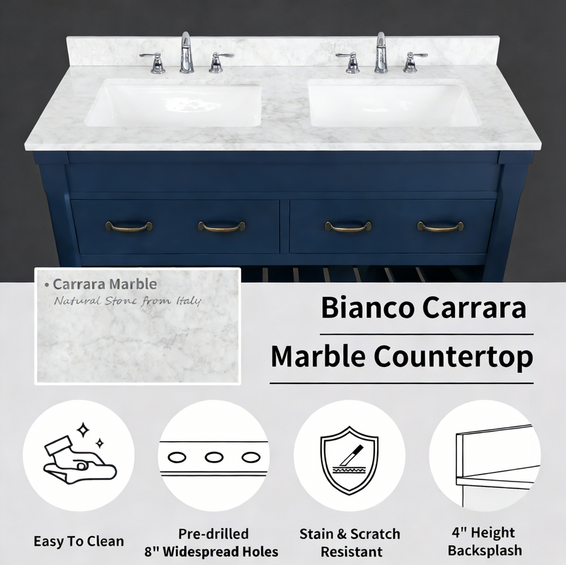 Farmington navy blue 60" Open Shelf Vanity Set with Premium Carrara Marble Top