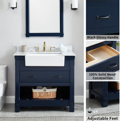 Farmington navy blue 30" Open Shelf Vanity Set with Premium Carrara Marble Top