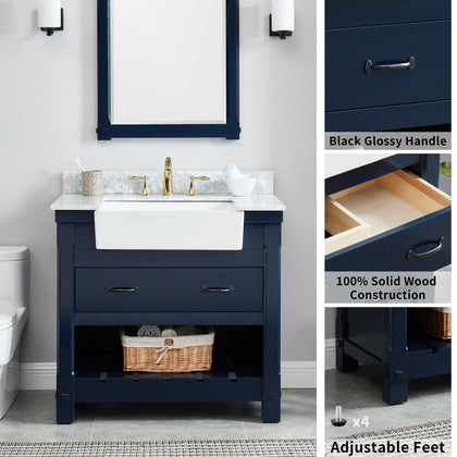 Farmington navy blue 30" Open Shelf Vanity Set with Premium Carrara Marble Top