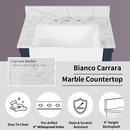 Farmington navy blue 30" Open Shelf Vanity Set with Premium Carrara Marble Top