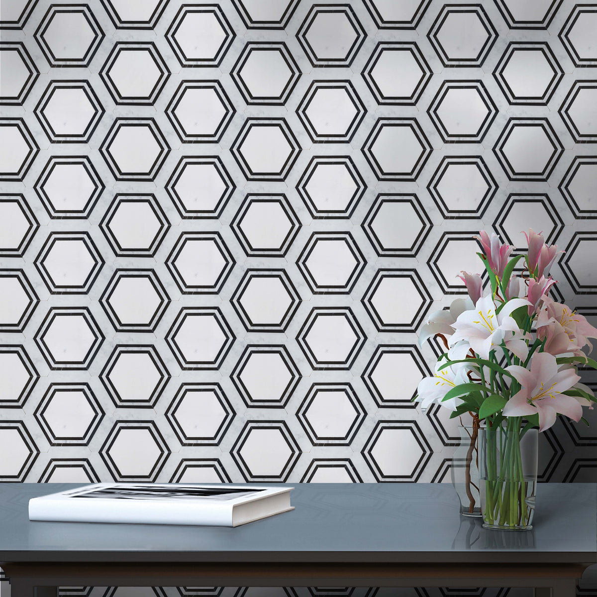 Black & White Hexagon 16-in x 14-in Polished Waterjet Mosaic Floor and Wall Tile( 7.8 sq. ft. /Box )