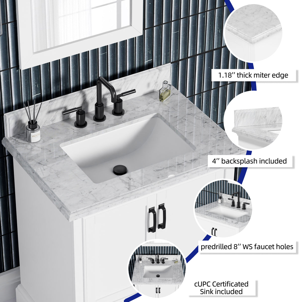Rhoda 30" Vanity Set with Luxurious Carrara Marble Top