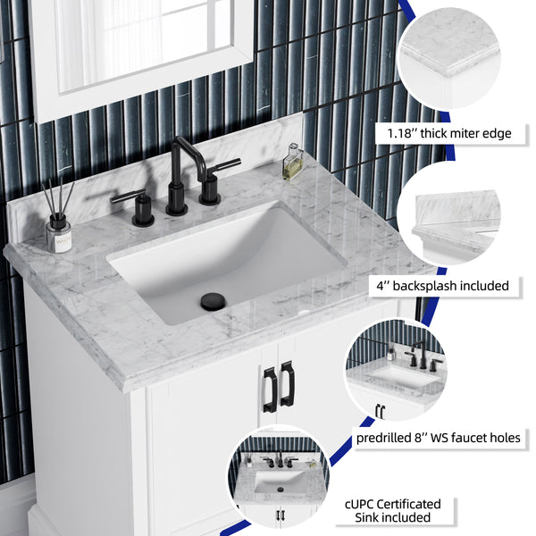 Rhoda 30" Vanity Set with Luxurious Carrara Marble Top