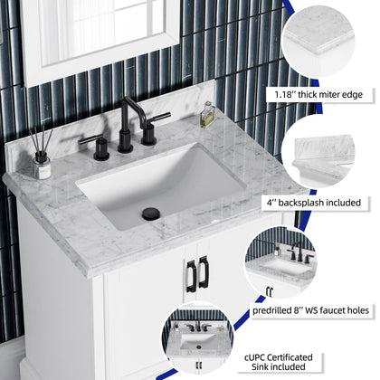 Rhoda 30" Vanity Set with Luxurious Carrara Marble Top