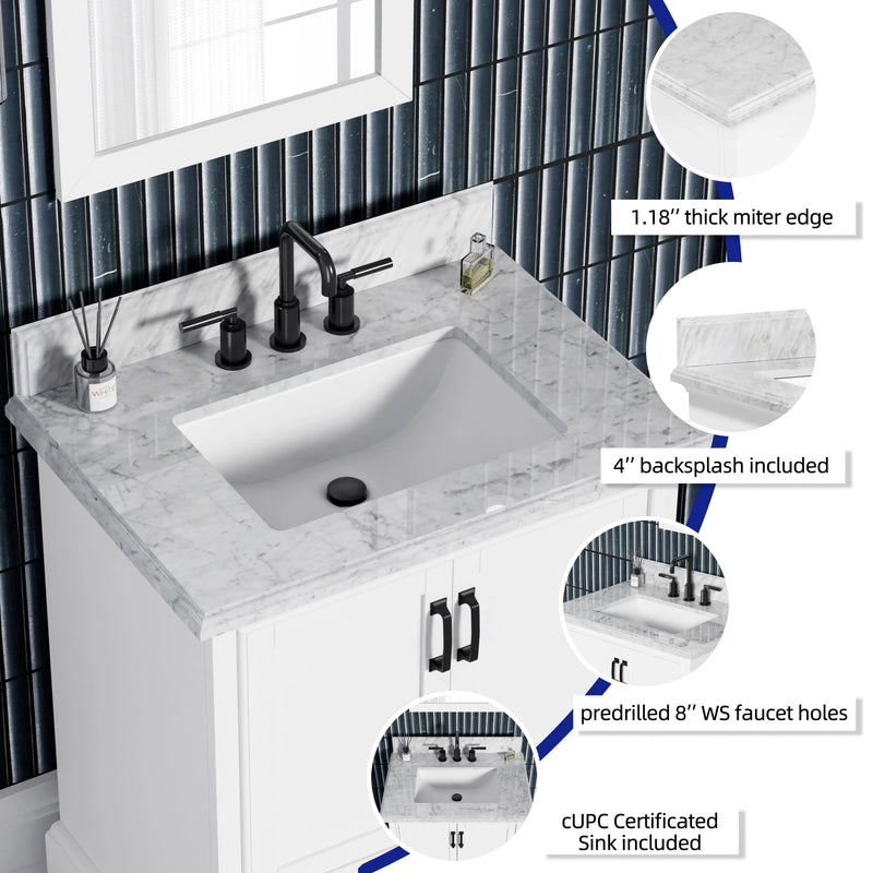 Rhoda 30" Vanity Set with Luxurious Carrara Marble Top