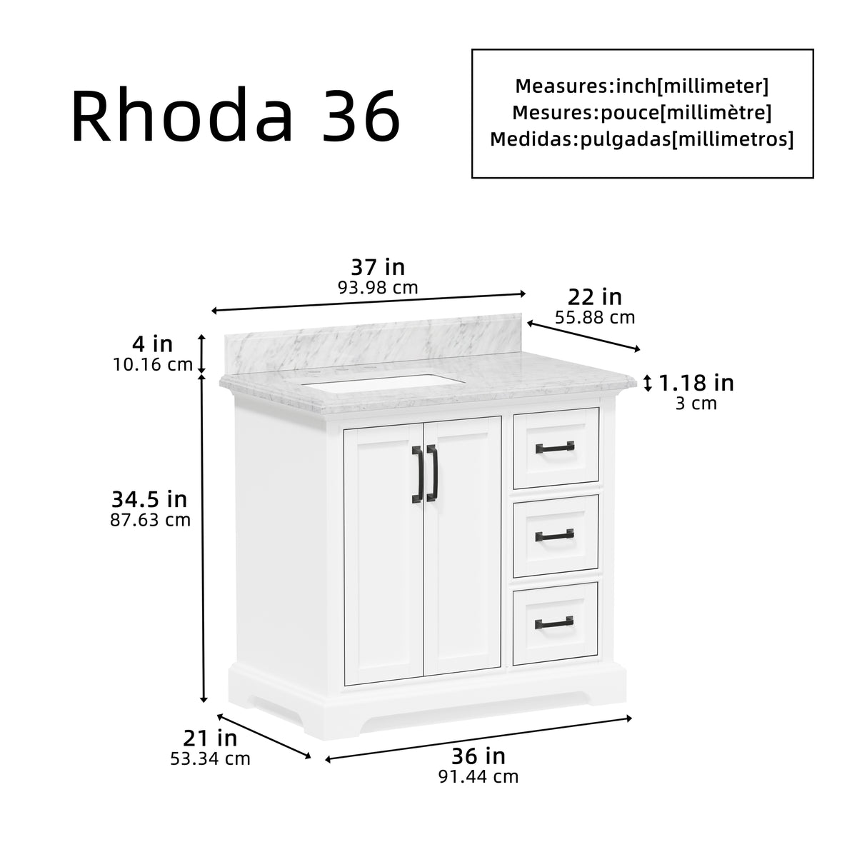 Rhoda 36" Vanity Set with Luxurious Carrara Marble Top