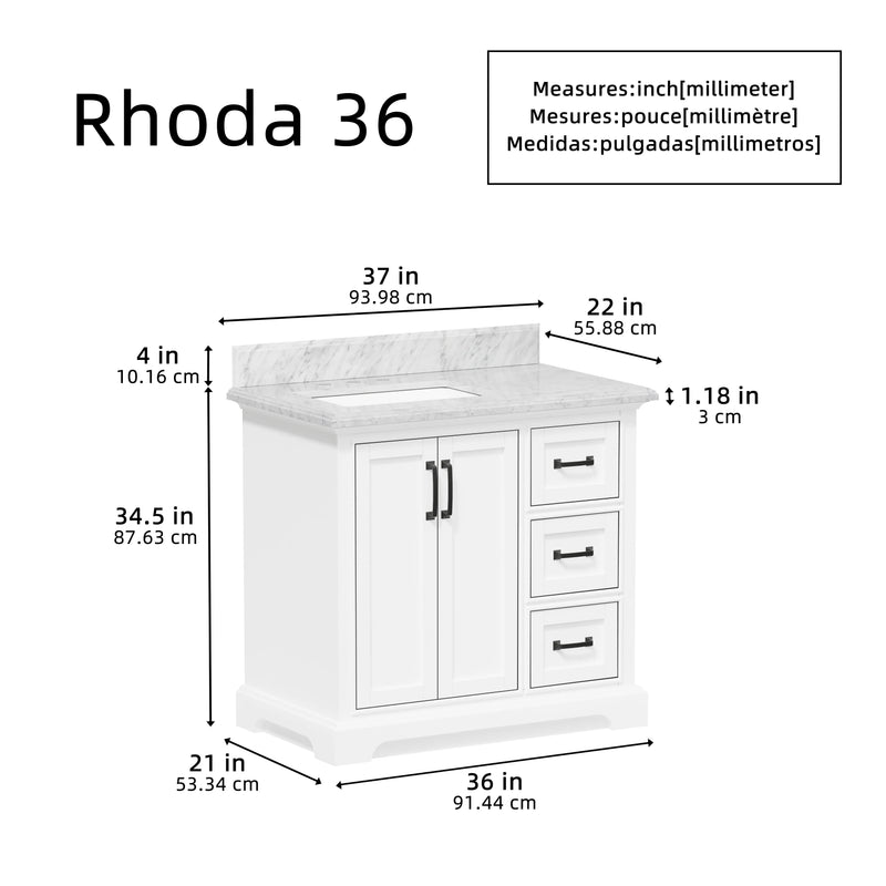 Rhoda 36" Vanity Set with Luxurious Carrara Marble Top