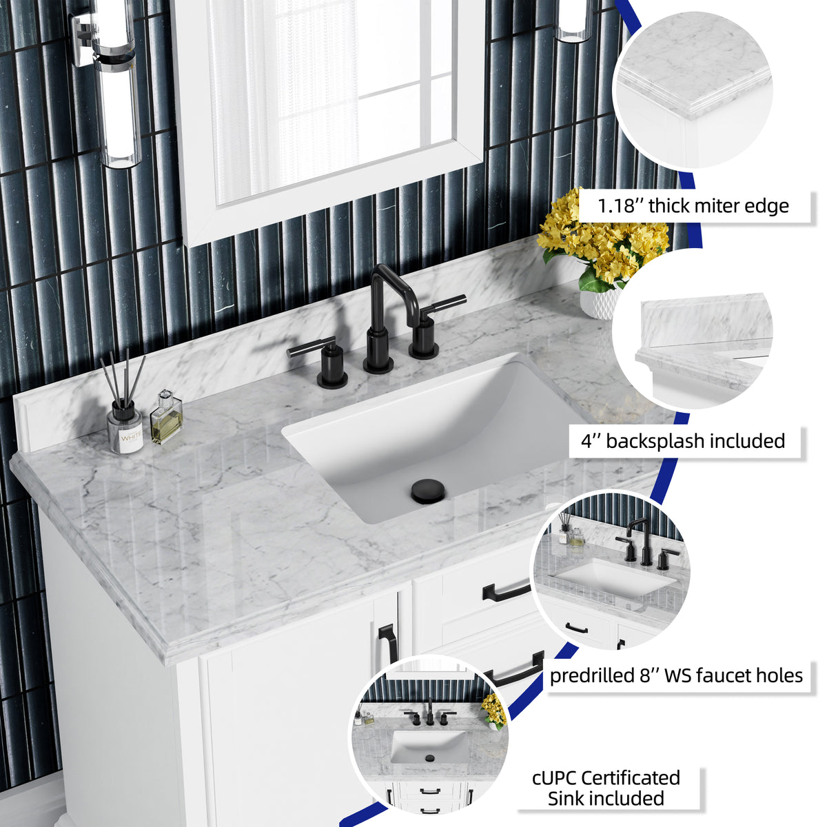 Rhoda 48" Vanity Set with Luxurious Carrara Marble Top
