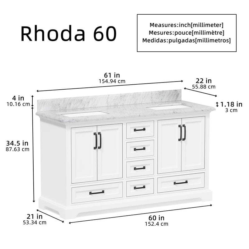 Rhoda 60" Vanity Set with Luxurious Carrara Marble Top