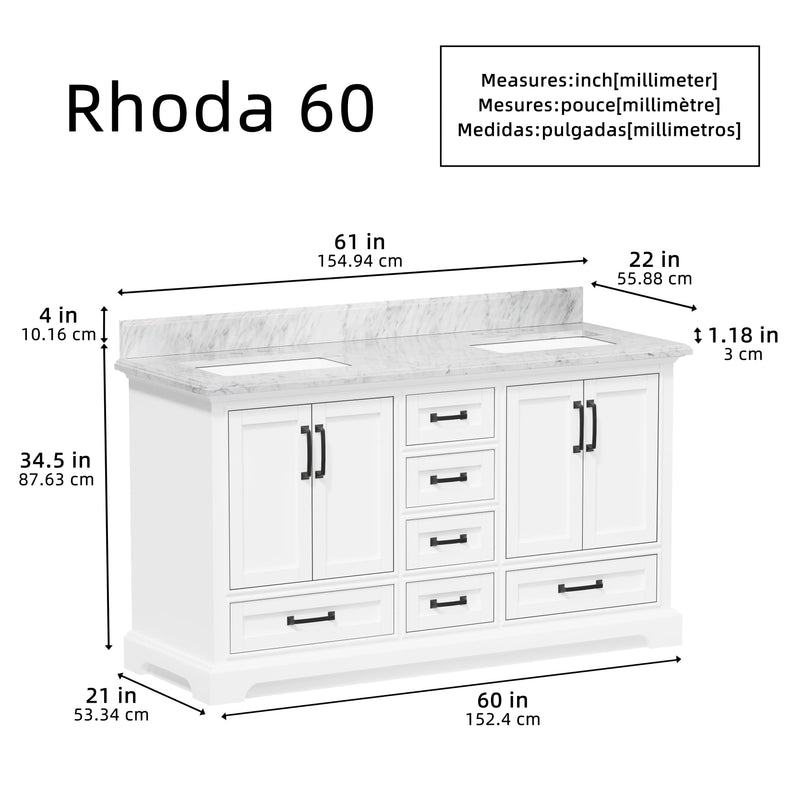 Rhoda 60" Vanity Set with Luxurious Carrara Marble Top