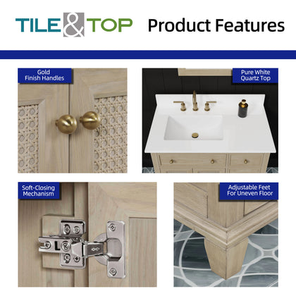 Product features of 36 inch bathroom vanity with quartz top, showcasing gold finish handles, soft-closing mechanism, and quartz top.