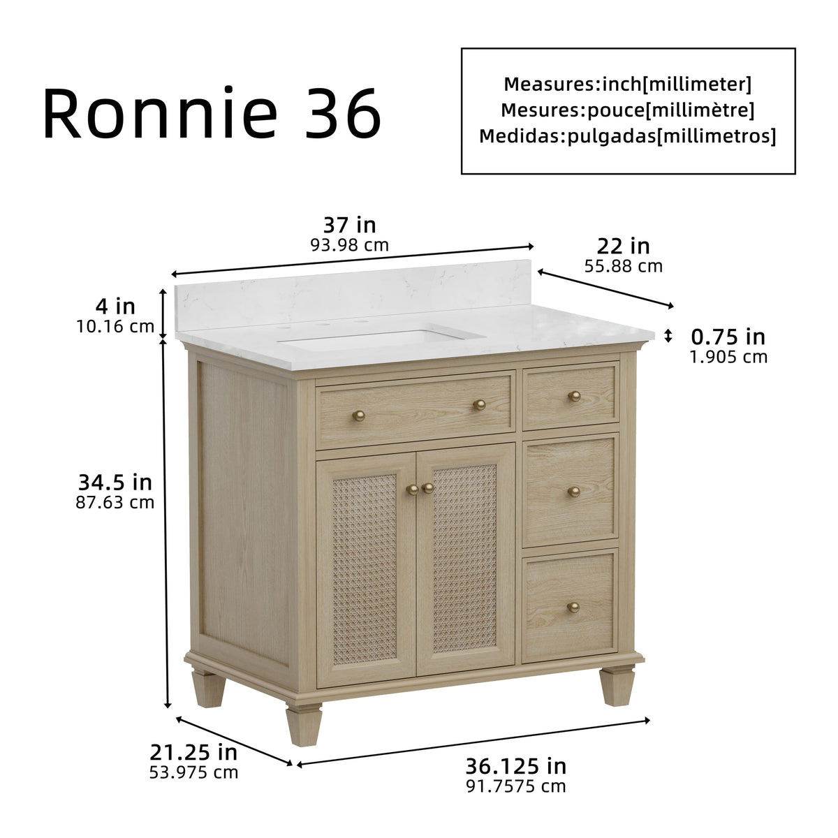 Ronnie 36" Vanity Set with White Carrara Quartz Top