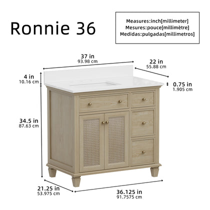 Ronnie 36 inch bathroom vanity with quartz top dimensions and design details, showcasing storage and natural oak finish.
