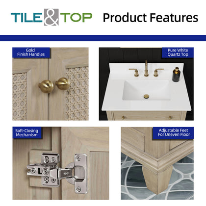 Product features of 30 inch bathroom vanity with quartz top including gold handles, quartz surface, soft-close mechanism, and adjustable feet.