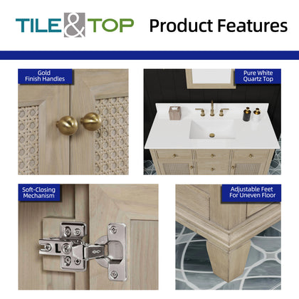 Product features of 48 inch bathroom vanity with quartz top including gold finish handles and soft-closing mechanism.