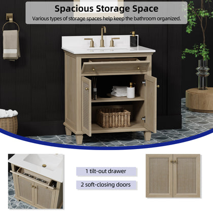 Spacious storage space in Ronnie 30 inch bathroom vanity with quartz top featuring a tilt-out drawer and soft-closing doors.