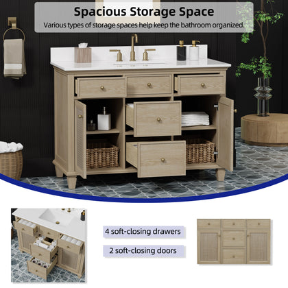48 inch bathroom vanity with quartz top showcasing spacious storage with soft-closing drawers and doors for organized bathroom essentials.
