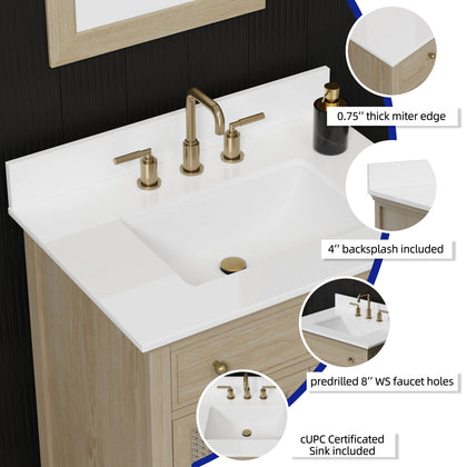 30 inch bathroom vanity with quartz top featuring a pure white countertop, thick miter edge, and integrated sink.