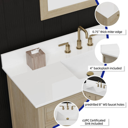 48 inch bathroom vanity with quartz top featuring 0.75" thick miter edge and 4" backsplash.