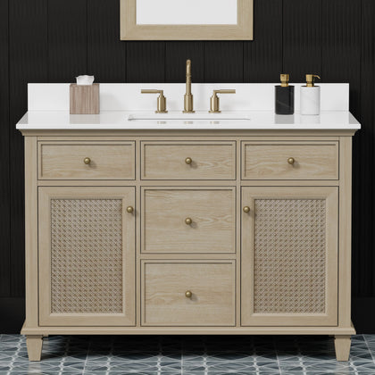 Ronnie 48 inch bathroom vanity with quartz top featuring natural oak finish and modern fixtures