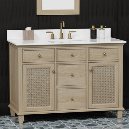 Ronnie 48 inch bathroom vanity with quartz top featuring natural oak design and elegant storage options.
