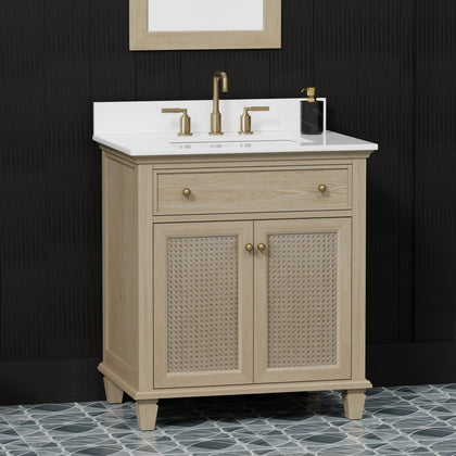 30 inch bathroom vanity with quartz top featuring Natural Oak finish and elegant brass fixtures