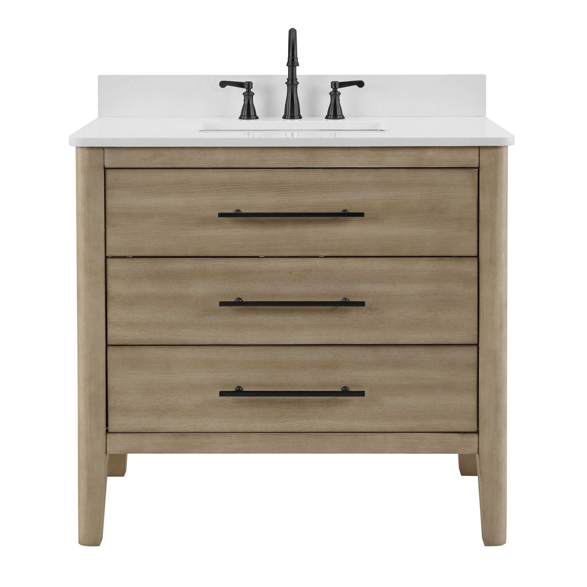 Safford 36 inch bathroom vanity quartz top with white quartz countertop and three drawers.