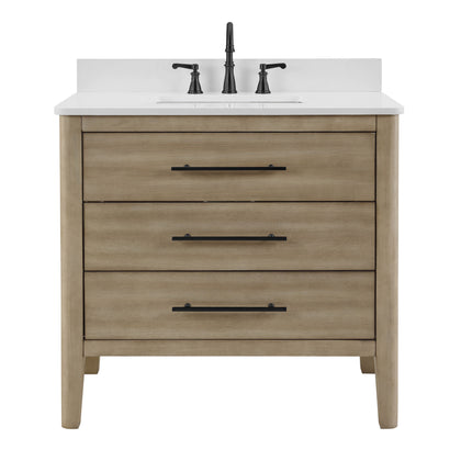 36 inch light wood bathroom vanity with Carrara quartz top, modern design with three drawers and natural warmth.